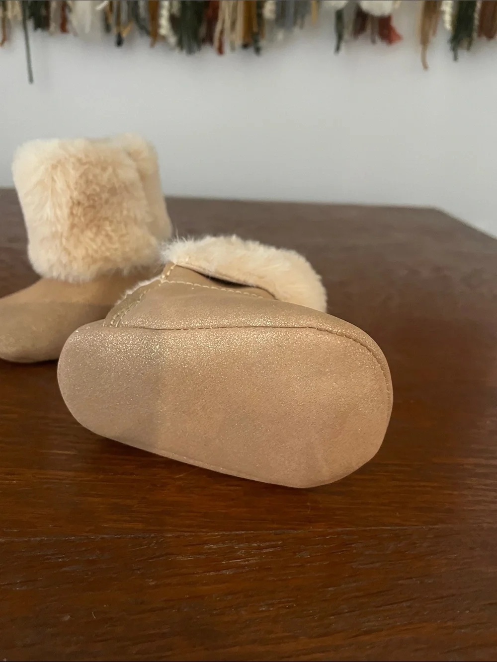 Faux Fur Trim Baby Booties - Beige Sparkle Laura Ashley  size 1